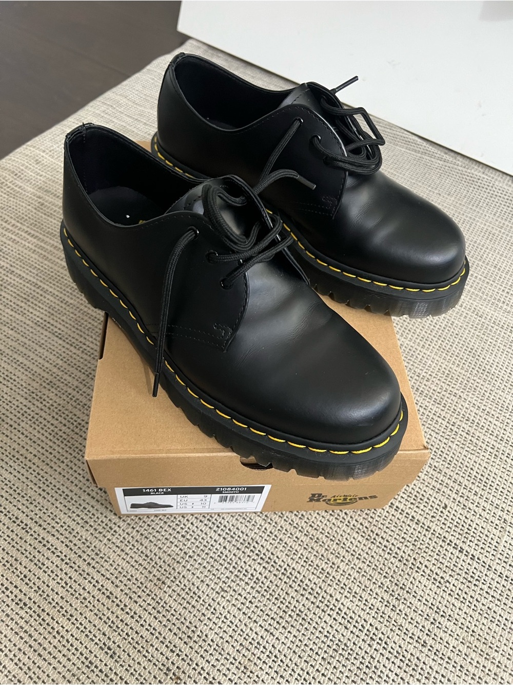 Dr. Martens 1461 Bex Black Leather Derby Shoes with Yellow Stitching